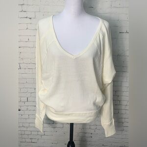 Free People Women  Alabaster Top Waffle Knit VNeck Long Bat Wing Sleeve Shirt XS